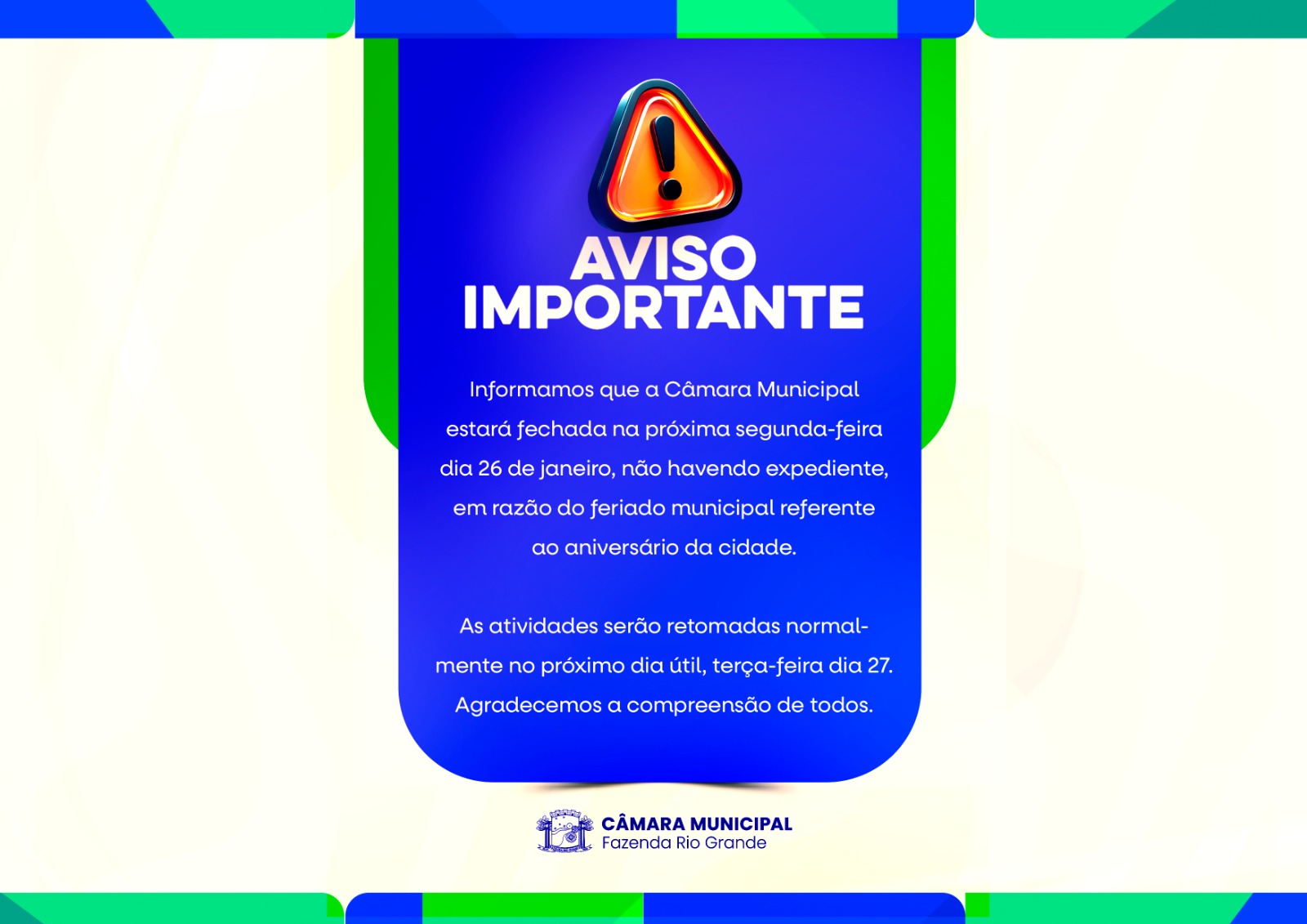 AVISO IMPORTANTE - FERIADO DO ANIVERSÁRIO DA CIDADE