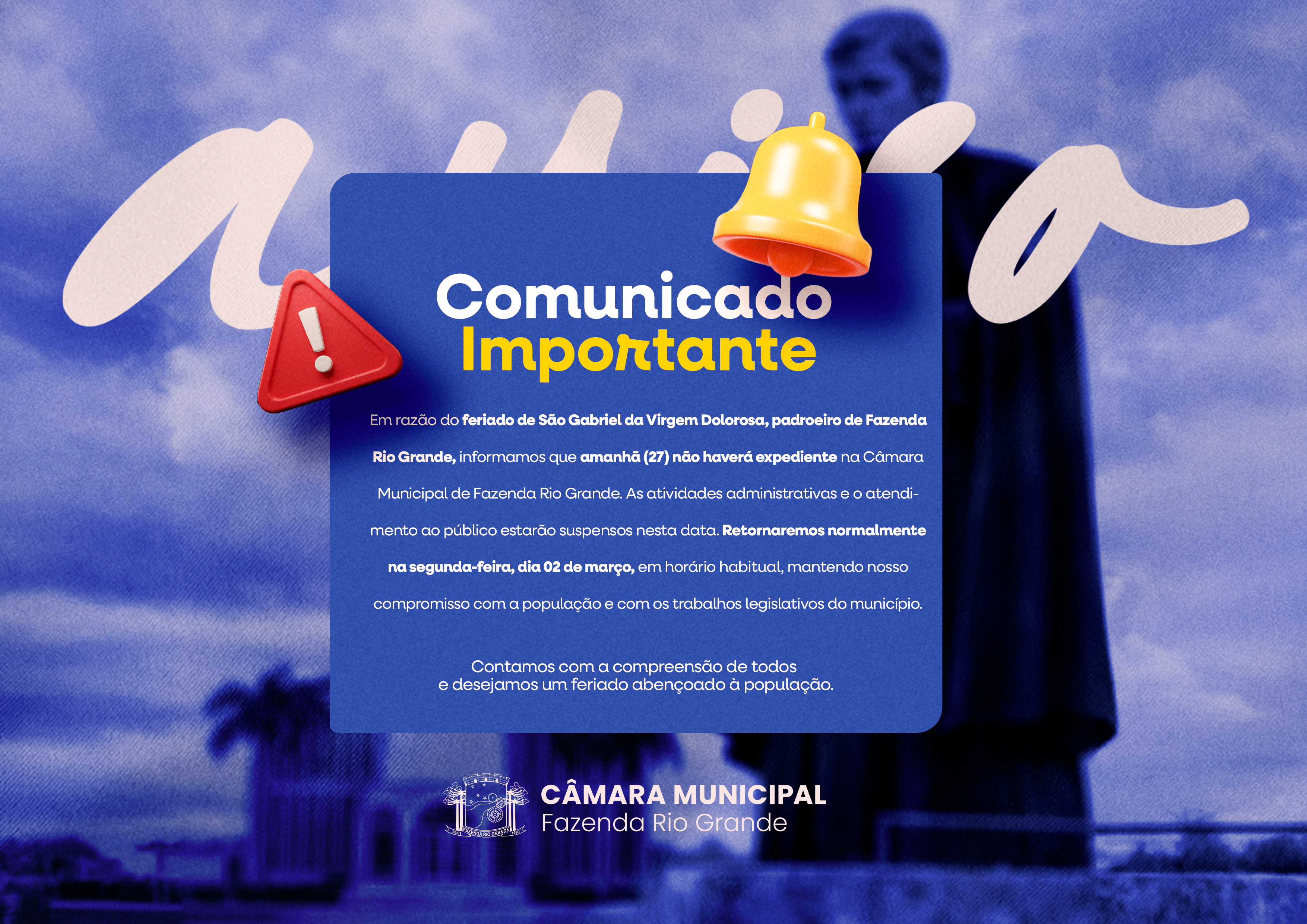 COMUNICADO: Feriado de São Gabriel da Virgem Dolorosa